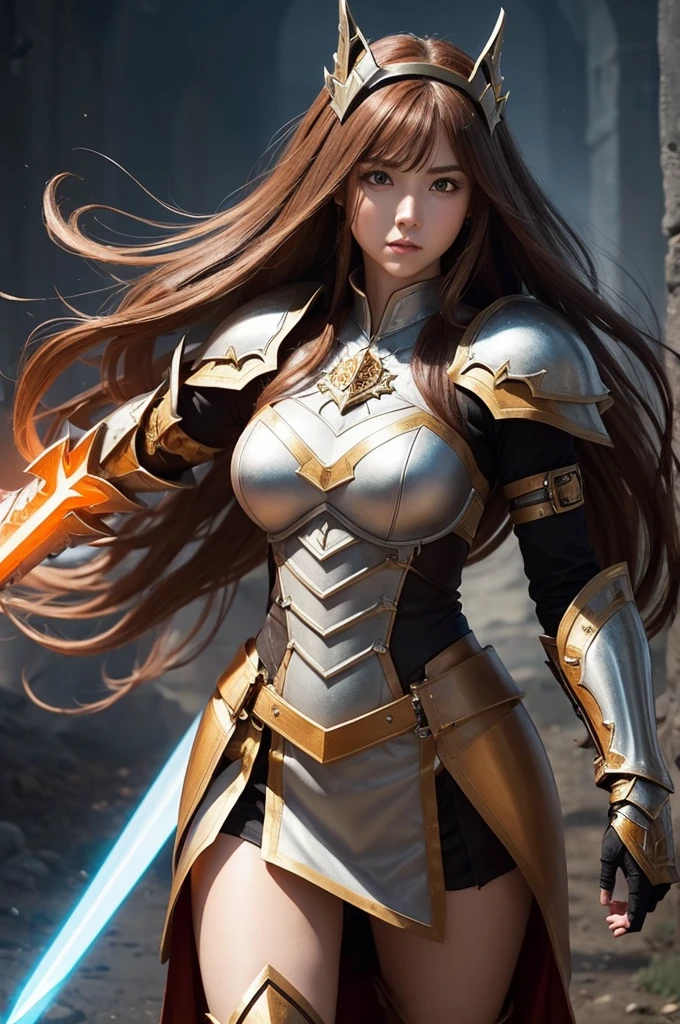 Make me an armored warrior princess with an aura greatsword, She has long, brown hair with a white streak, her predominant color is orange. Medieval RPG 

