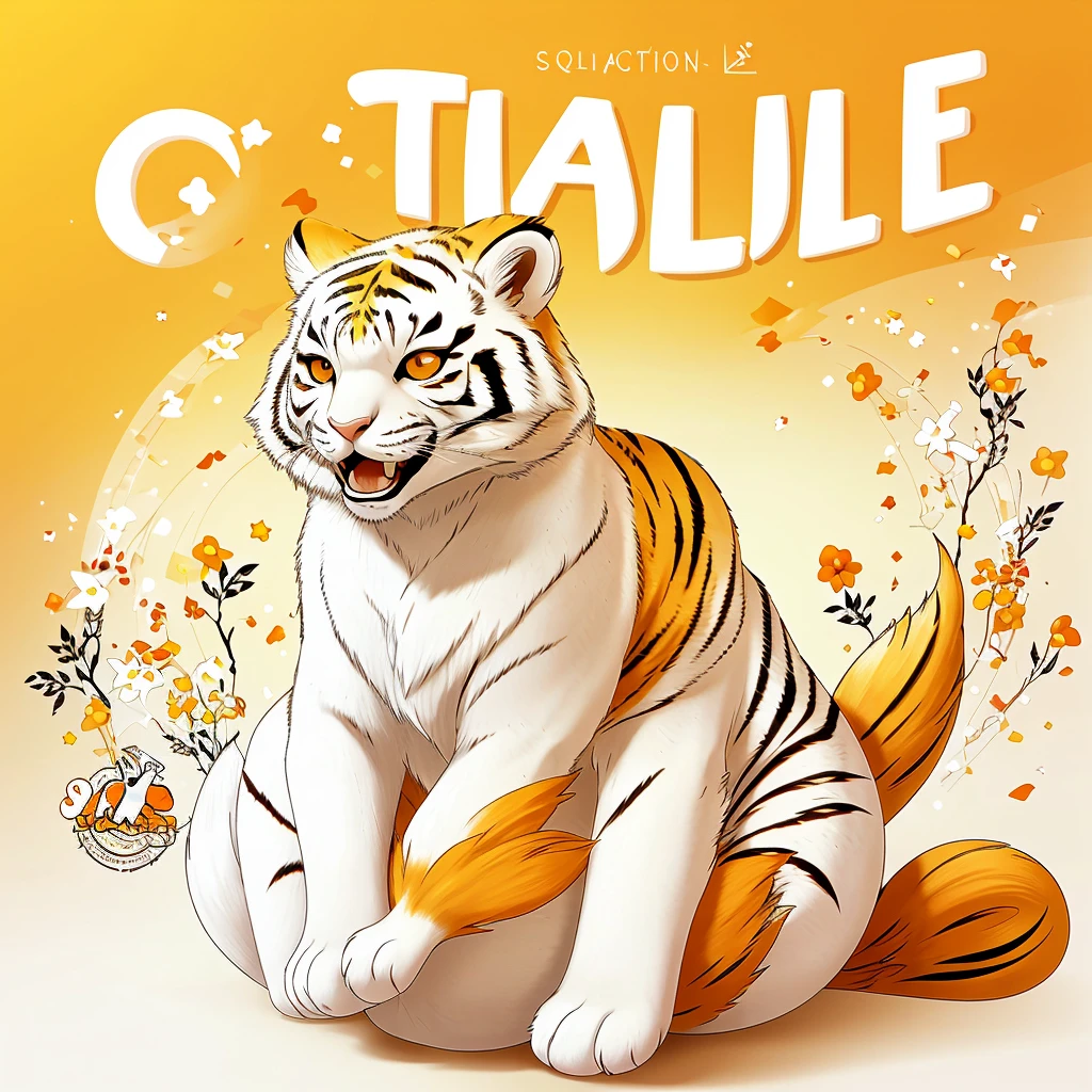 Square image size. White and orange furry tiger in cartoon style sitting in saffron flowers. Saffron flowers in the background. saffron. open mouth. smile. Logo. Quotes. Few details.