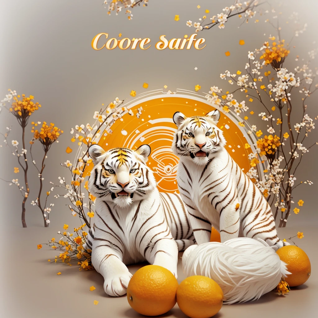 Square image size. White and orange furry tiger in cartoon style sitting in saffron flowers. Saffron flowers in the background. saffron. open mouth. smile. Logo. Quotes. Few details. 