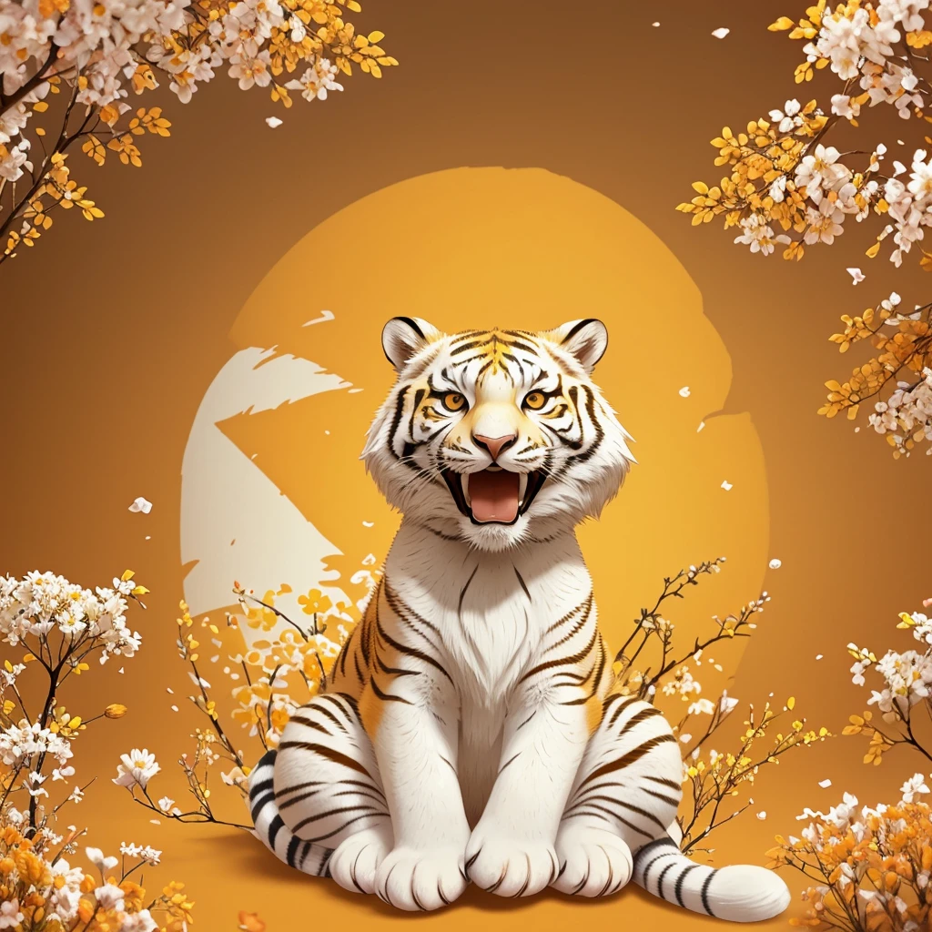 Square image size. White and orange furry tiger in cartoon style sitting in saffron flowers. Saffron flowers in the background. saffron. open mouth. smile. Logo. Quotes. Few details. 