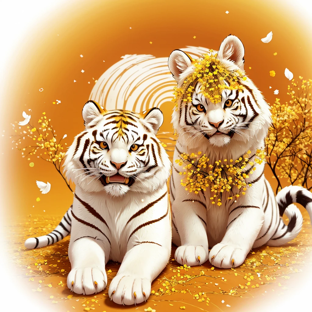 Square image size. White and orange furry tiger in cartoon style sitting in saffron flowers. Saffron flowers in the background. saffron. open mouth. smile. Logo. Quotes. Few details. 