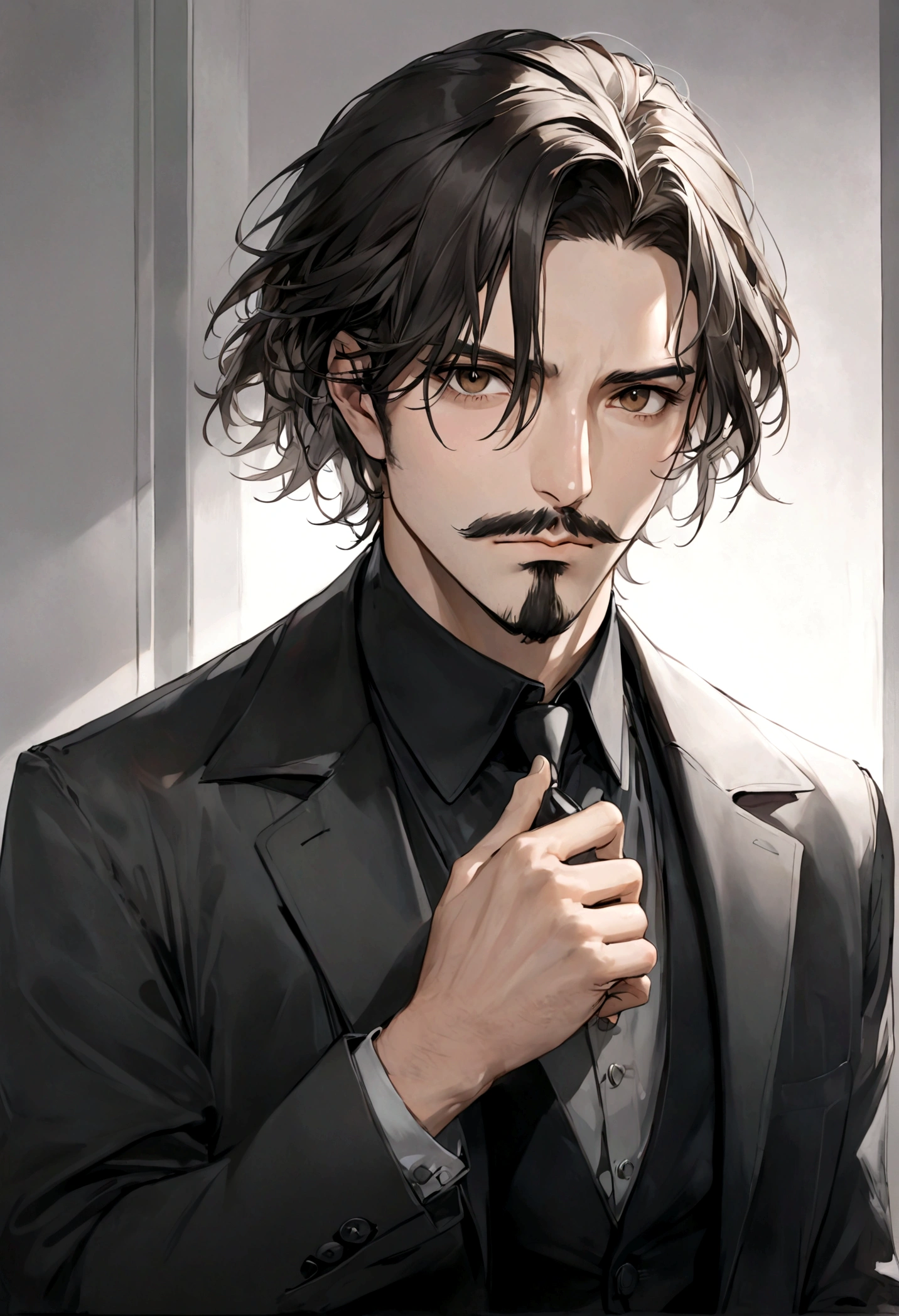 (traje color negro para hombre), ), ((bigote estilo Van Dyke y (barba de chivo) "Van Dyke", Van Dyke beard)), (light brown eyes), Aspecto atractivo y serio, ((cabello muy largo oscuro, messy hair)), Elegante y con estilo, abrigo elegante color gris largo, Un hombre similar al actor Jim Morrison con el cabello largo, ((cabello muy largo)), (Imagen realista y de alta calidad), Apartamento escandinavo en el fondo simple de un cuarto, ((La mejor calidad, 8K, obra maestra).((pose dinamica con mirada al frente, viendo al espectador)), (cabello largo pasando los hombros)