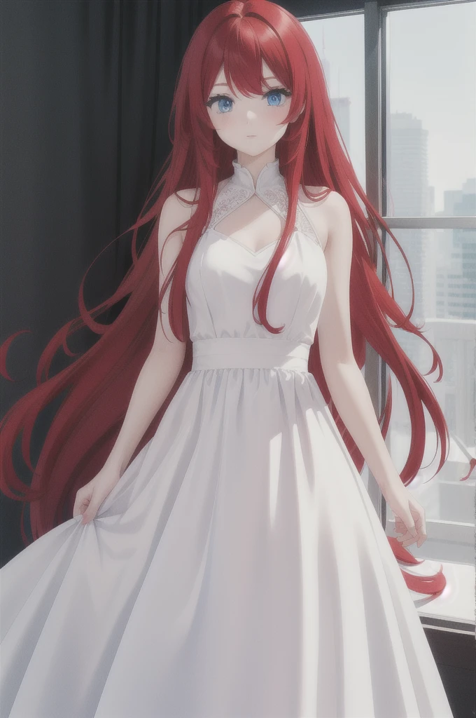 long red hair, girl, white dress with black details, blue eyes