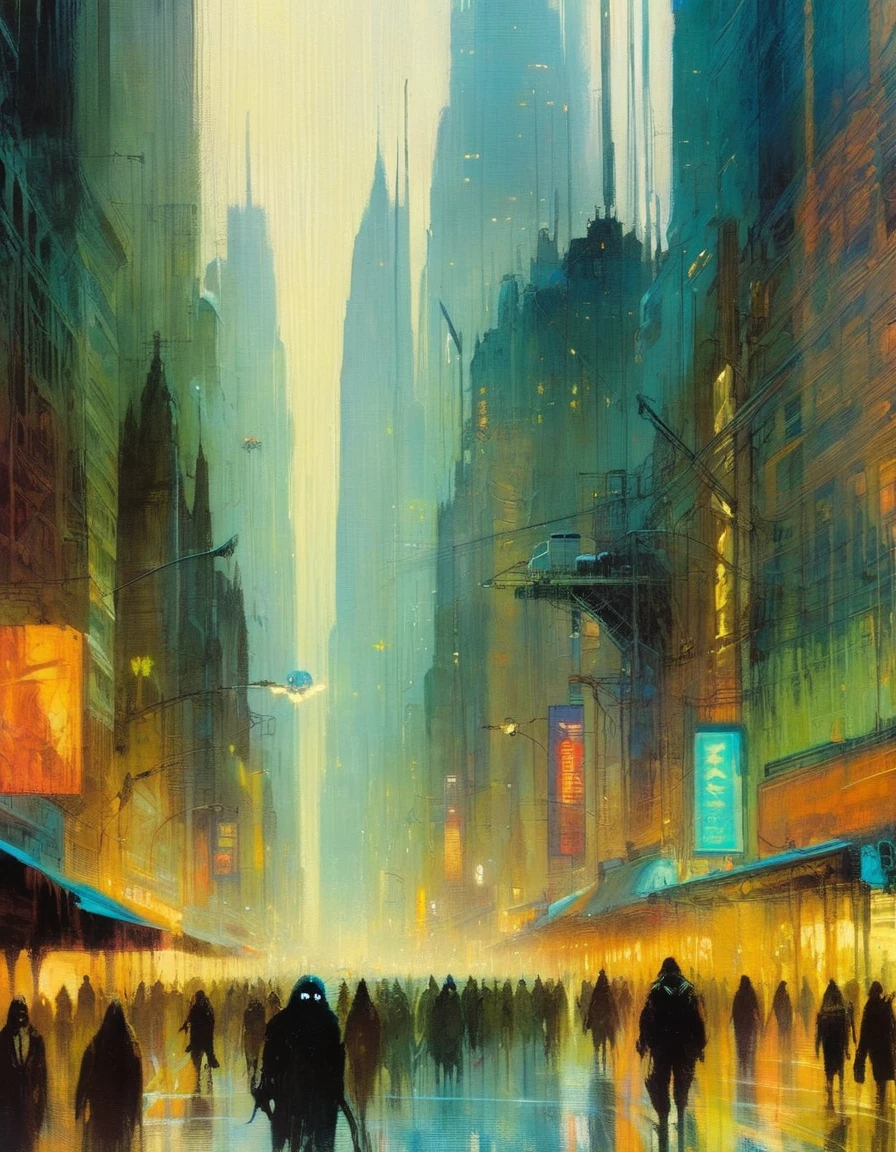 the bustling city of monsters,(art inspired by Bill Sienkiewicz). oil painting, details of brush strokes that enhance depth)