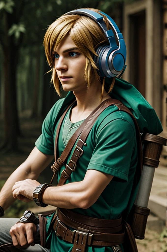 Link character from the Legend of Zelda with headphones