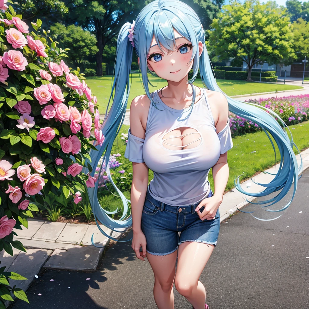 big bandage on horehead light blue long hair　Beautiful girl with twin tails　T-shirt and jeans shorts　A park filled with blooming flowers　Walking with a bright smile　breast enhancement