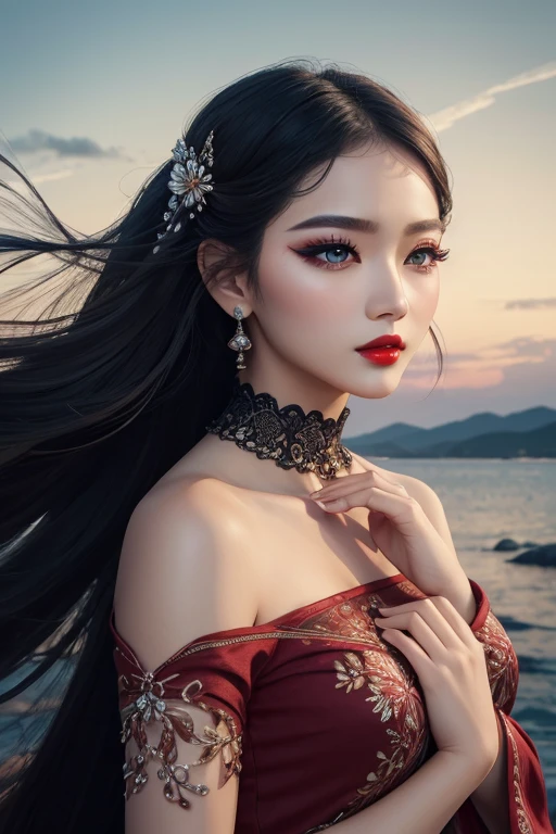 (masterpiece), (best quality), (ultra-detailed), (solo), 1girl, (extremely delicate and beautiful fabric), (beautiful detailed sky), beautiful details in the wind, wind, black eyeliner, black eyeshadow, red lips, makeup, eyeshadow, lips