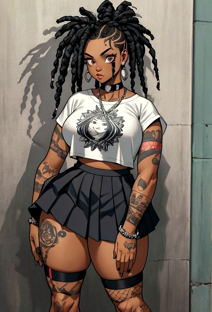 punk afro chubby girl with long freeform braided locs hairstyle and hairy legs)) (wearing cropped punk T-shirt and pleated skirt with fishnet stockings), plump thighs and soft big jiggly butt, (wearing diamond choker necklace), (cannabis flower tattoos on arms and legs), plump legs spread apart}