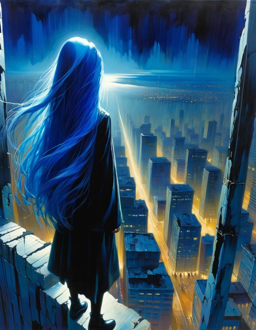 Masterpeace (midnight:1.3) Lost World Her view from behind Looking down at the deserted city from a ruined skyscraper, she realizes the crime she committed. Girl(long blue hair, age18, blue eyes, panic ) (Grim Reaper Costume, ) Beautiful and fantastic image blue hair, blue hair, long hair (art inspired by Bill Sienkiewicz) oil painting, details of brush strokes that enhance depth)
