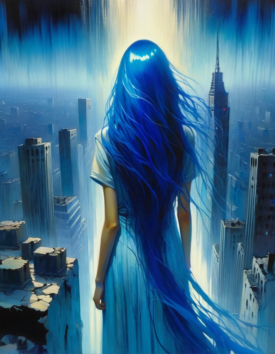 Masterpeace (midnight:1.3) Lost World Her view from behind Looking down at the deserted city from a ruined skyscraper, she realizes the crime she committed. Girl(long blue hair, age18, blue eyes, panic ) (Grim Reaper Costume, ) Beautiful and fantastic image blue hair, blue hair, long hair (art inspired by Bill Sienkiewicz) oil painting, details of brush strokes that enhance depth)