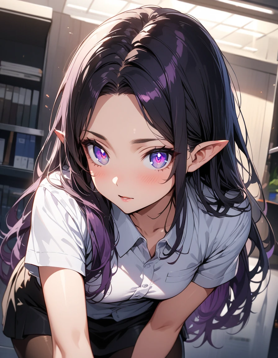 ((highest quality, masterpiece, ultra high definition, high resolution)), ((ultra-detailed illustrations:1.2)), 1 girl, solo, anime style, beautiful hair, parted bangs, loose hair, long hair, black hair, dark purple hair, multi colored hair, beautiful detailed eyes, beautiful detailed pupils, violet eyes, looking at viewer, pointed ears, mid-chest, white shirt, collared shirt, short sleeves, black mini skirt, pantyhose, shiny skin, shiny, indoor, office