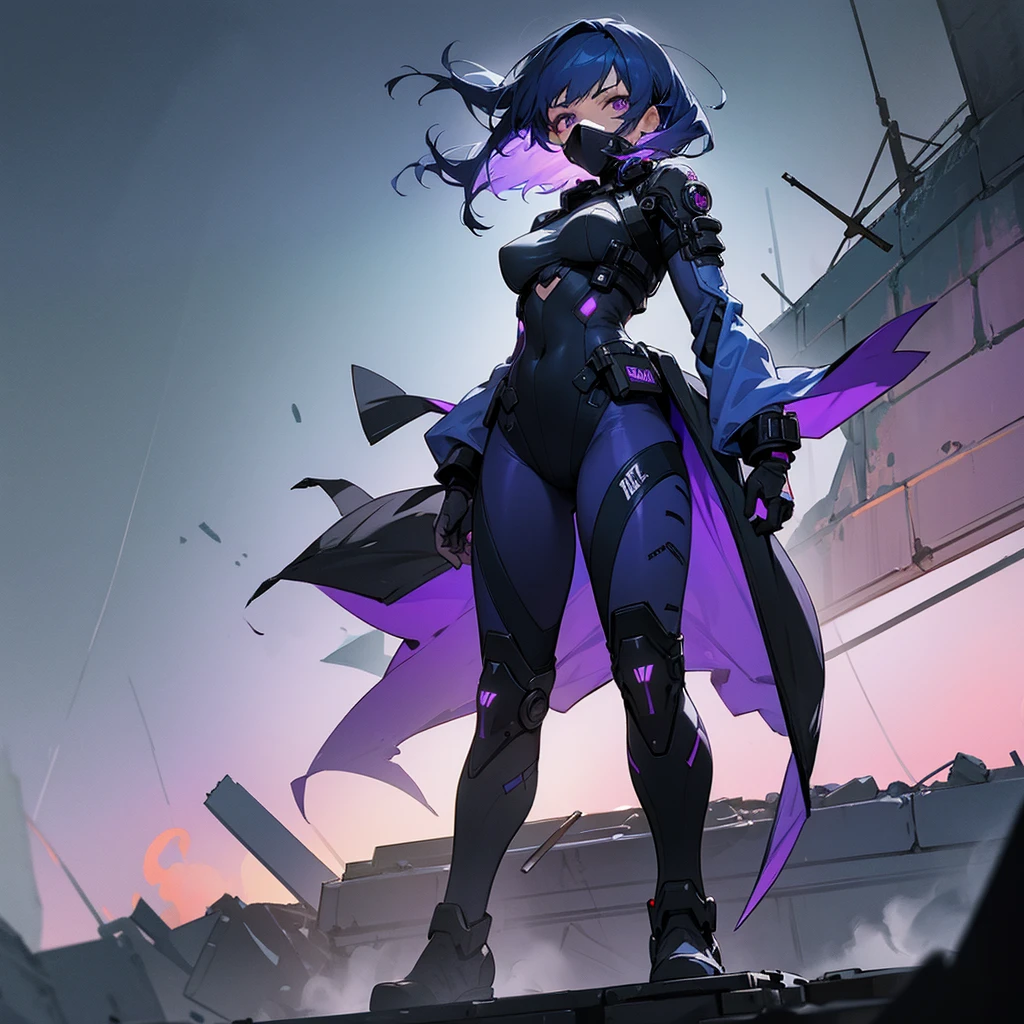 1female, young adult, finely detailed purple eyes, wild medium hair, blue hair, full body combat suits, standing on ruined building, night time, serious expression, gas mask