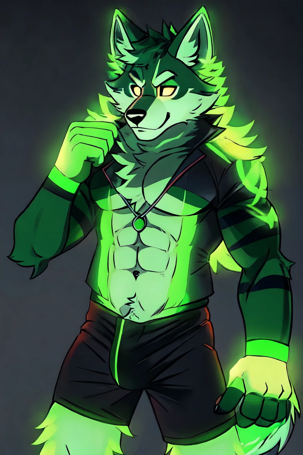 You can draw a Furry wolf with green stripes on the fluorescent hands and with a green cock and white chest with black eyes