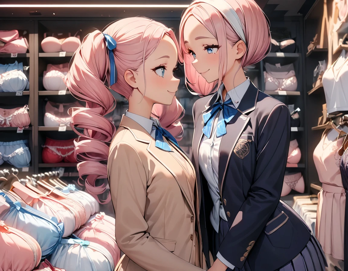 (highest quality, 4K, 8K High Resolution, masterpiece:1.2), Very detailed, 2 people, woman, (JK, , blazer, Pleated skirt),(Black and long straight hair), Lingerie Shop, Product Selection, profile, smile, Hopeful, Cute underwear neatly arranged, Colorful underwear, light up, Soft and delicate texture, impressive, Bright colors彩, Delicate fabrics, Attention to detail,Beautiful fine details, Beautiful lip detail, Long eyelashes, Bright colors, Soft and warm color palette,, (pink hair, twin tails twin drill, show your forehead, blue eyes, White frilled white headband, slanted eyes, smile, long sideburns, curled bangs, neck ribbon, Forehead, amount),