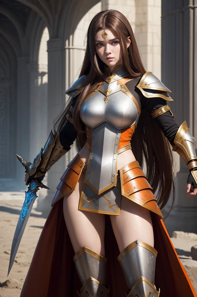 Make me an armored warrior princess with an aura greatsword, She has long, brown hair with a white streak, her predominant color is orange. Medieval RPG