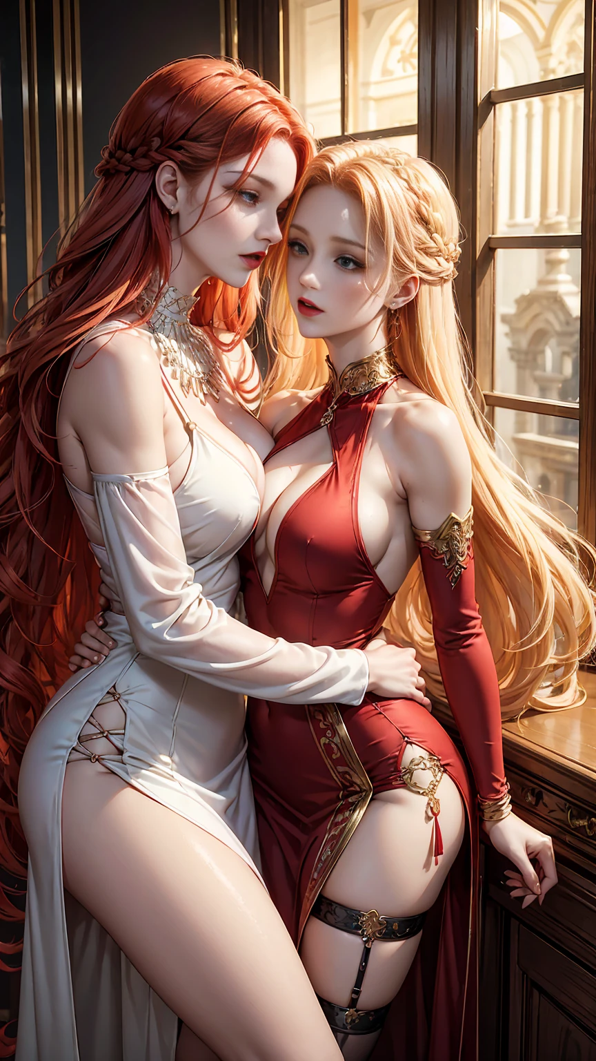 Two beautiful women with long braided red hair and mid wavy blond hair, respectivetly, with green eyes wearing a Mock Neck Cut Out Dress, Sexy Criss Cross Mock Neck ((Mid Sleeves)) Dress, ((luxurious jewelry)), standing in a fitting room, hugging closely and kissing each other (white skin), (red lipstick), (elegant mascara), (muscular body with abs), (small breasts) midjourney, <lora:GoodHands-, <lora:GoodLegs-, UHD, high resolution, (masterpiece:1.1, best quality), (expressive eyes, perfect face, full body, expressive face, perfect body, athletic, fit, slim body, blushing, Perfect makeup, eyeliner, beautiful eyelashes, smiling, horny face), ((Beige dress)), ((Grey dress)), ((Tight dress)), ((best illumination, best shadows)), ((lesbian kiss))