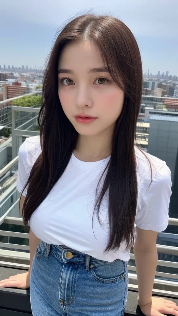 A beautiful, slender woman with long legs and a perfect figure, standing on a rooftop overlooking a night city view, wearing a white tight t-shirt and jean bib. She has dark brown hair, gigantic breasts, and a highly detailed, sharp-focused face with perfect skin texture, detailed eyes, and double eyelids. (best quality,8k,masterpiece:1.3),(whole body,long legs,sharp focus:1.2),(a pretty woman with perfect figure:1.4),(slender abs:1.1),(dark brown hair,gigantic breasts:1.2),(white tight tshirt,jean bib,standing:1.2),(night city view,rooftop:1.3),highly detailed face and skin texture,detailed eyes,double eyelid, in uniform