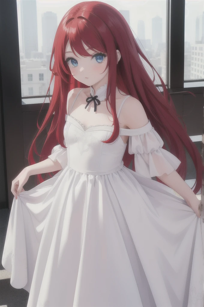 long red hair, girl, white dress with black details, blue eyes