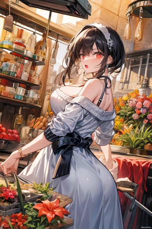 masterpiece, yor, 1girl, Amazing Cleavage:1.3, thin waist, big ass, Raised sexy, medium breast: 1.8 posed cleavage:1.2、solo, looking at viewer, open mouth, have a cup of coffee,black hair, red eyes, dress, bare shoulders, jewelry, collarbone, sidelocks, hairband, earrings, indoors, off shoulder, :o, sweater, arms behind back, plant, short hair with long locks, white hairband, off-shoulder dress, sweater dress, off-shoulder sweater, red sweater, big side hair, very long side hair,is rendered in (masterpiece: 1.2, best quality), with (ultra high resolution) and an exquisite (depth of field). This masterpiece is not only visually stunning but also tells, make of cake cooking ,in the kitchen
