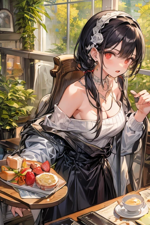 masterpiece, yor, 1girl, Amazing Cleavage:1.3, thin waist, big ass, Raised sexy, medium breast: 1.8 posed cleavage:1.2、solo, looking at viewer, open mouth, have a cup of coffee,black hair, red eyes, dress, bare shoulders, jewelry, collarbone, sidelocks, hairband, earrings, indoors, off shoulder, :o, sweater, arms behind back, plant, short hair with long locks, white hairband, off-shoulder dress, sweater dress, off-shoulder sweater, red sweater, big side hair, very long side hair,is rendered in (masterpiece: 1.2, best quality), with (ultra high resolution) and an exquisite (depth of field). This masterpiece is not only visually stunning but also tells, make of cake cooking ,in the kitchen
