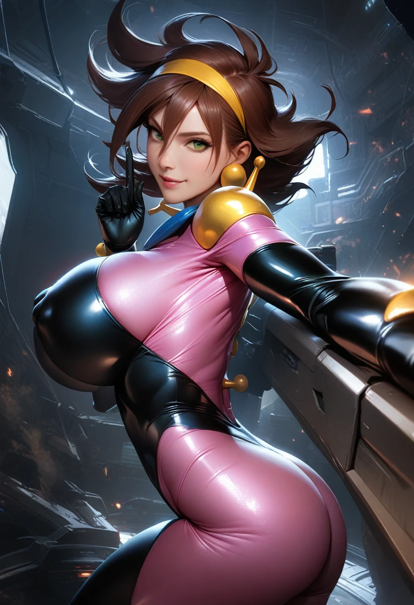 Rain Mikamura,yellow headband,perfect hands, perfect finger,perfect anatomy, masterpiece, best quality,realistic, hyperrealistic, 16k hdr,1girl, large breasts,erected nipples,brown hair, medium hair,green eyes,mobile trace suit, shoulder armor(,pink and black bodysuit:1.1),sexy pose, upper body, cockpit,from below,smile,from behind,ass