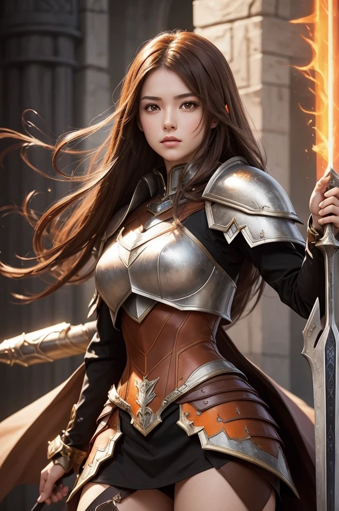Make me an armored warrior princess with an aura greatsword, She has long, brown hair with a white streak, her predominant color is orange. Medieval RPG