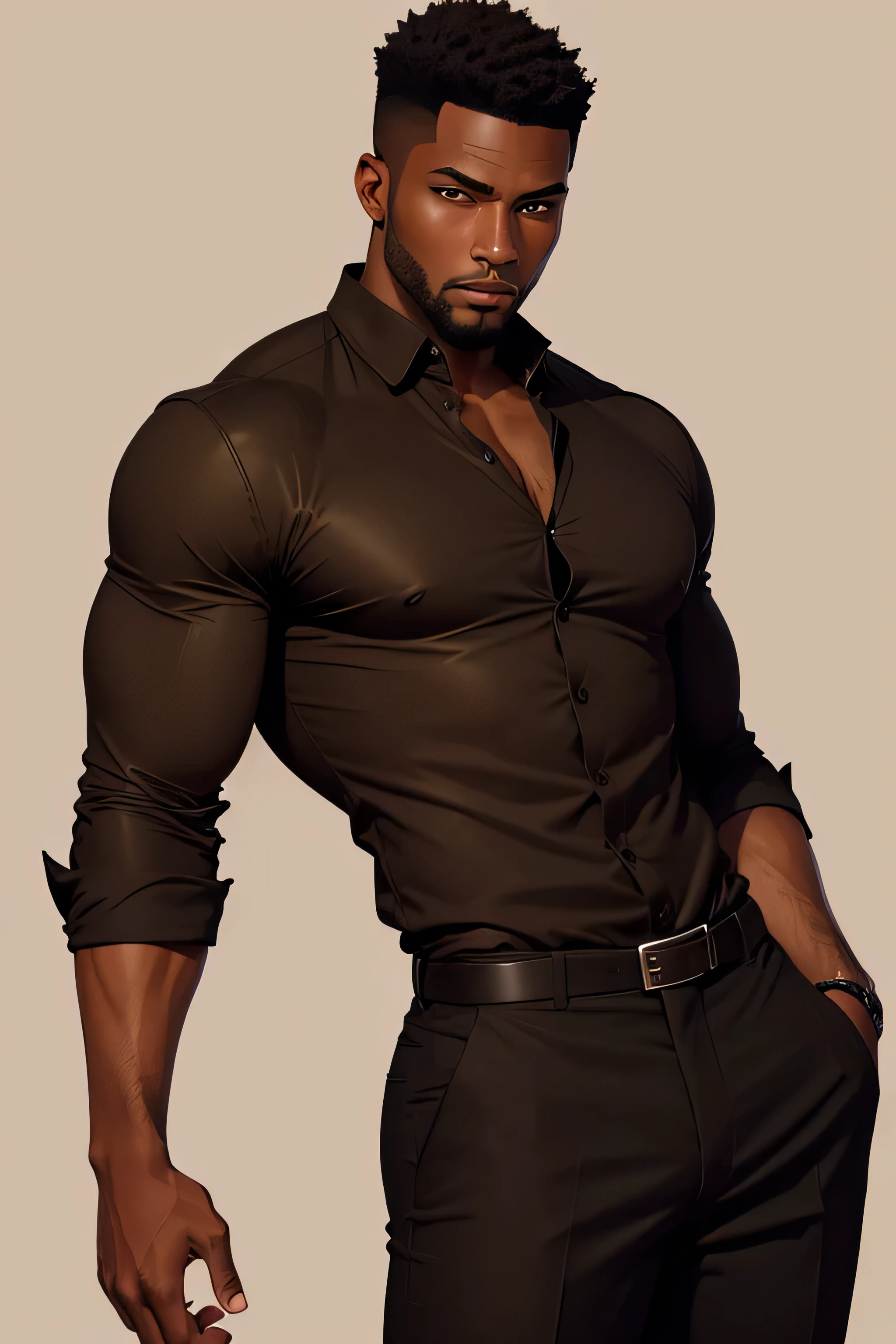 Illustration, drawing of a black man, 30 years old, dressed with brown pants and a brown shirt. Strong and elegant. Solid dark brown background. Work of art. Image with side margins. #3D, #illustration, #cinematic