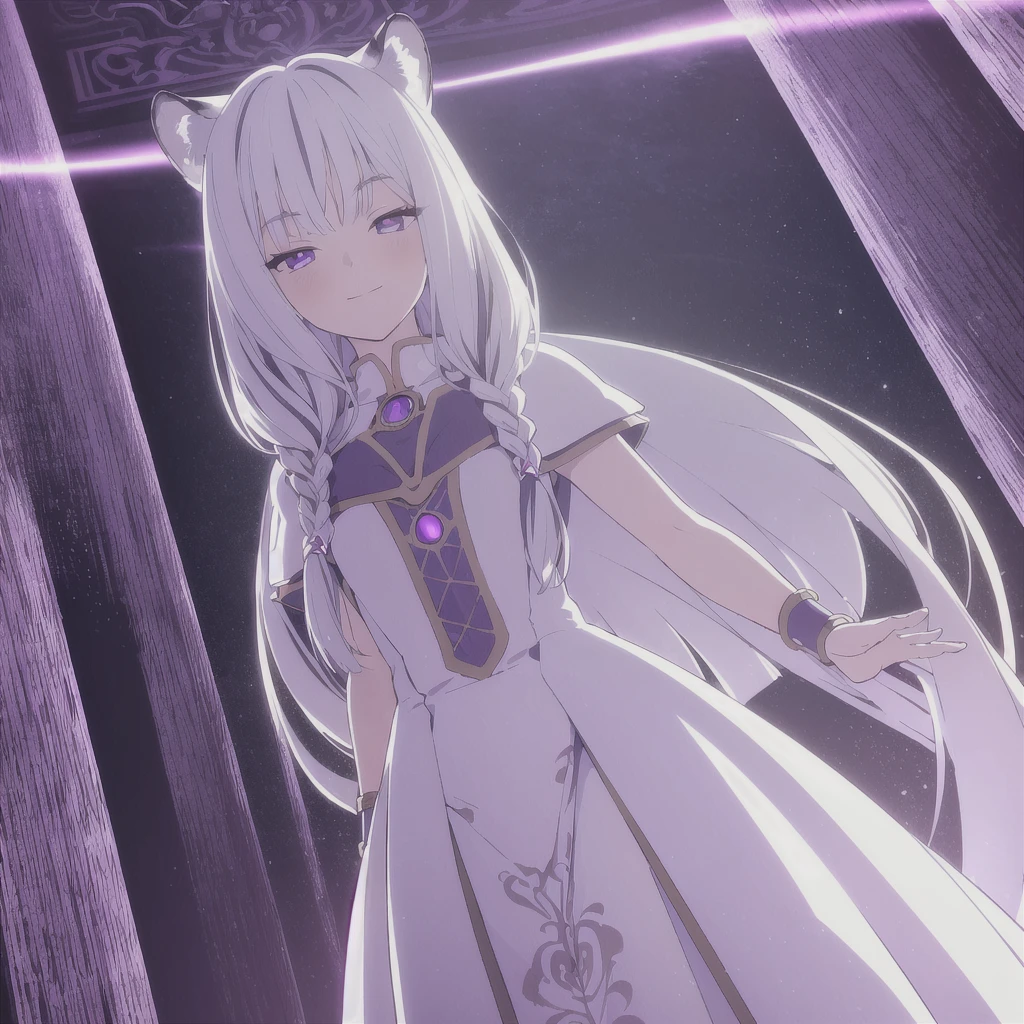 ((masterpiece)), (best quality), (ultra-detailed), photorealistic, (best illustration), ((an extremely delicate and beautiful)), 1girl, solo, long hair, tiger ears, [:tiger tail under:0.2], white hair, two-tone hair, full body, knight armor, crimson glowing details on armor, amulet on neck, Bracelets, crimson crystals in Bracelets, long lilac cape, open eyes, evil purple eyes, looking at viewer, malicious smile, blush, in space, goddess, low twin braids, loosen hair, quiet gesture, white armor, cybernetic armor, hyper detailed space,best illumination. 