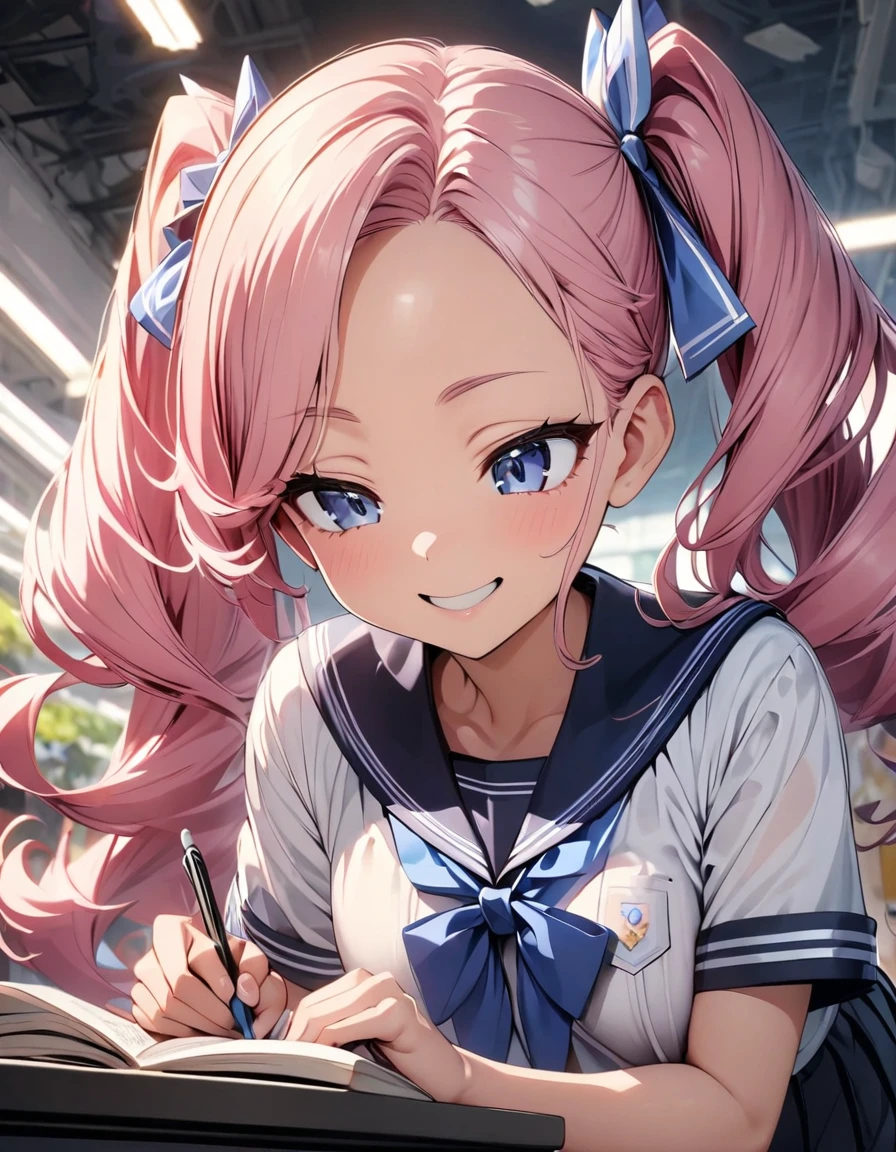 (highest quality, 4K, 8K High resolution, masterpiece:1.2), Very detailed, one person, woman, (No々Girl studying), (JK, , Sailor suit, Pleated skirt),Shopping、Uninterested look、Soft lighting、Bright colors、Detailed shading、Subtle pencil strokes。 (High resolution)、No distractions、Strong focus and determination。, (pink hair, twin tails twin drill, show your forehead, blue eyes, White frilled white headband, slanted eyes, smile, long sideburns, curled bangs, neck ribbon, Forehead, amount),