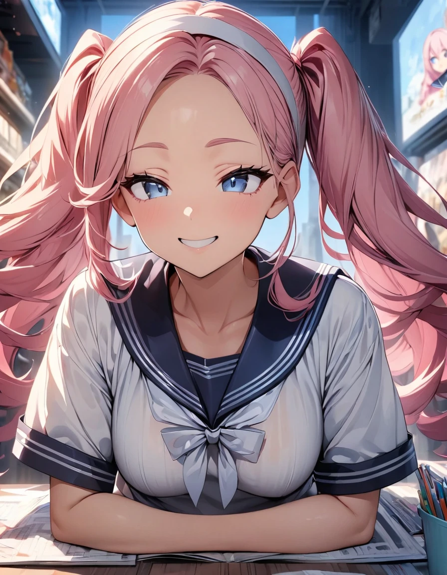 (highest quality, 4K, 8K High resolution, masterpiece:1.2), Very detailed, one person, woman, (No々Girl studying), (ＪＫ, , Sailor suit, Pleated skirt),Shopping、Uninterested look、Soft lighting、Bright colors、Detailed shading、Subtle pencil strokes。 (High resolution)、No distractions、Strong focus and determination。, (pink hair, twin tails twin drill, show your forehead, blue eyes, White frilled white headband, slanted eyes, smile, long sideburns, curled bangs, neck ribbon, Forehead, amount), 
