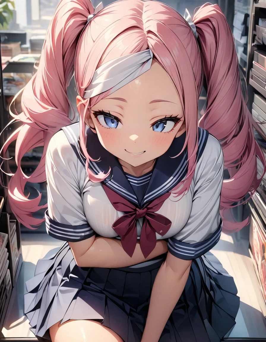 (highest quality, 4K, 8K High resolution, masterpiece:1.2), Very detailed, one person, woman, (No々Girl studying), (JK, , Sailor suit, Pleated skirt),Shopping、Uninterested look、Soft lighting、Bright colors、Detailed shading、Subtle pencil strokes。 (High resolution)、No distractions、Strong focus and determination。, (pink hair, twin tails twin drill, show your forehead, blue eyes, White frilled white headband, slanted eyes, smile, long sideburns, curled bangs, neck ribbon, Forehead, amount),