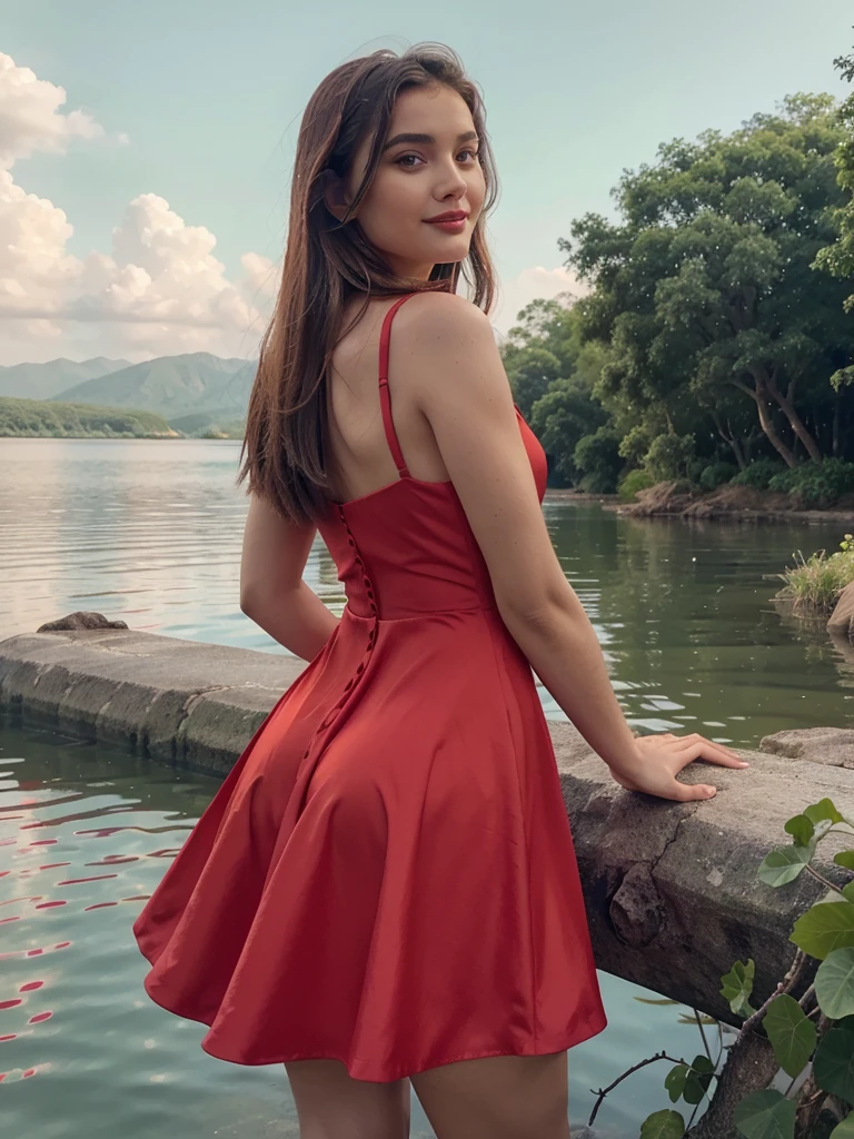 Araffe dress,Red dressRed wearing a short dress (white),Crocodile nearbya mountain of water near the Crocodiles nearby.light green, shining flowers,Red skywearing a suit (white), lipstick (pink) Escasamente vestido.Smooth sky model Hermosa figuracuerpo voluptuoso curvy hermosas sonrisa seductora Retrato Gabriella Lin Rojo Orange dress Red