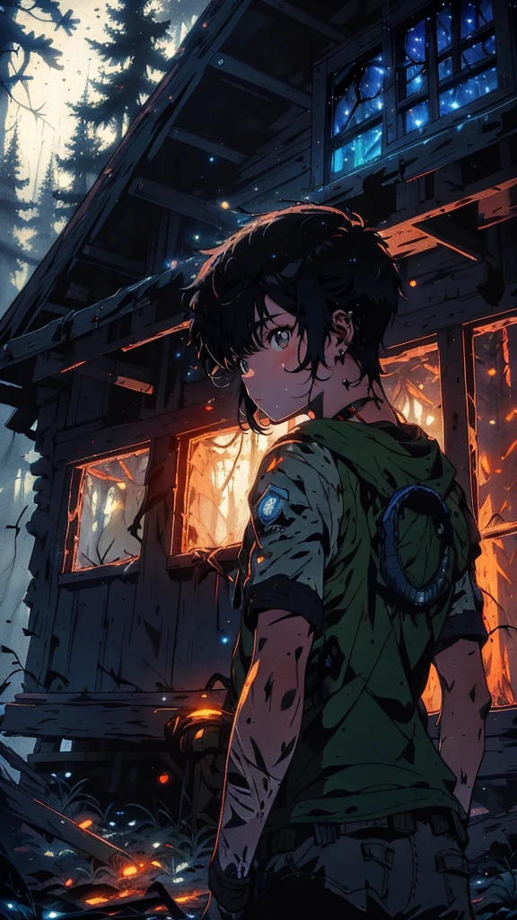 A lone boy teenager hiker, ((lost in the foggy wilderness of forested mountains)), ((stumbles upon an abandoned cabin with glowing lights emanating from boarded windows)). Eerie, suspenseful, dramatic lighting, ((tattos)), fantasy world, dark background, clean design, epic, artstation, colorful paint splatter, silhouette, hyper detailed intricate details, unreal engine, fantasy, splash screen, complementary colors, deviantart masterpiece, oil painting, heavy strokes, paint dripping, indifferent expression