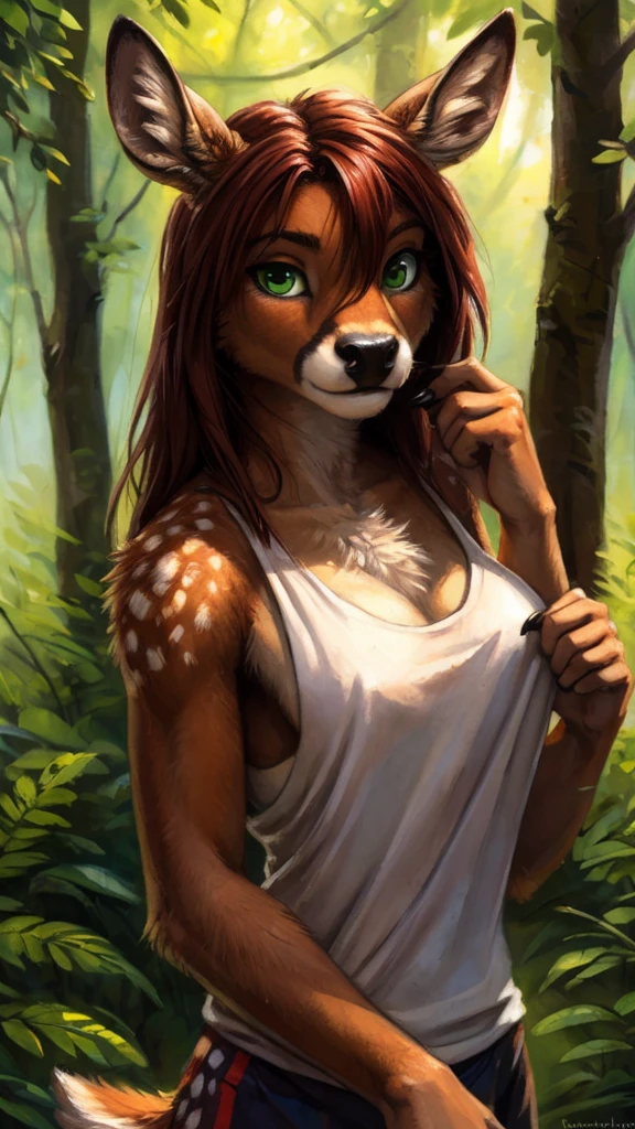 by kenket, by totesfleisch8, (by thebigslick, by silverfox5213:0.8), (by syuro:0.2), by tom_fischbach,, (best quality, masterpiece:1), solo, furry female anthro, green eyes, long hair, reddish brown hair, portrait, fingers, finger claws, looking at viewer, deer, holding a male micro wolf furry in her hands(outdoors dark forest trees blurry blurred background: 1.1), featureless_breasts, dressed in a white tanktop.