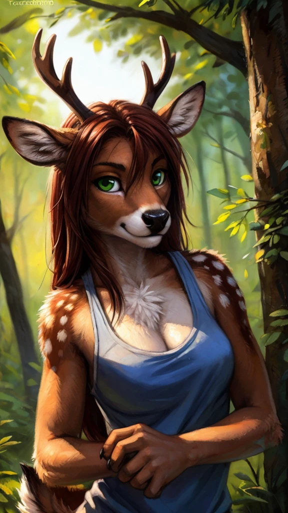 by kenket, by totesfleisch8, (by thebigslick, by silverfox5213:0.8), (by syuro:0.2), by tom_fischbach,, (best quality, masterpiece:1), solo, furry female anthro, green eyes, long hair, reddish brown hair, portrait, fingers, finger claws, looking at viewer, deer, holding a male micro wolf furry in her hands(outdoors dark forest trees blurry blurred background: 1.1), featureless_breasts, dressed in a white tanktop.