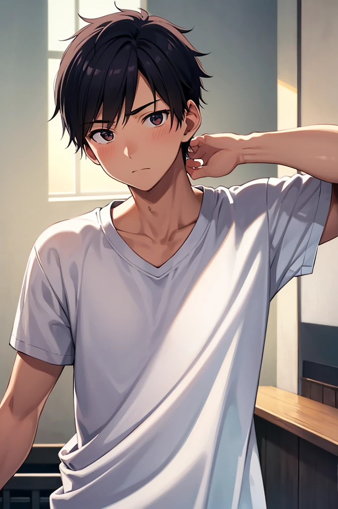 cool,,,,Refreshing athletic guy,,,boy,charm,Action,Vibrancy,Japanese high school student style,Magazine talent style,clavicle,thin limbs,Male Focus,main character,Buddy,Gentle Breeze,Dust,Natural light,Big white shirt,face,hand,eye,Her personality is pure and cute,