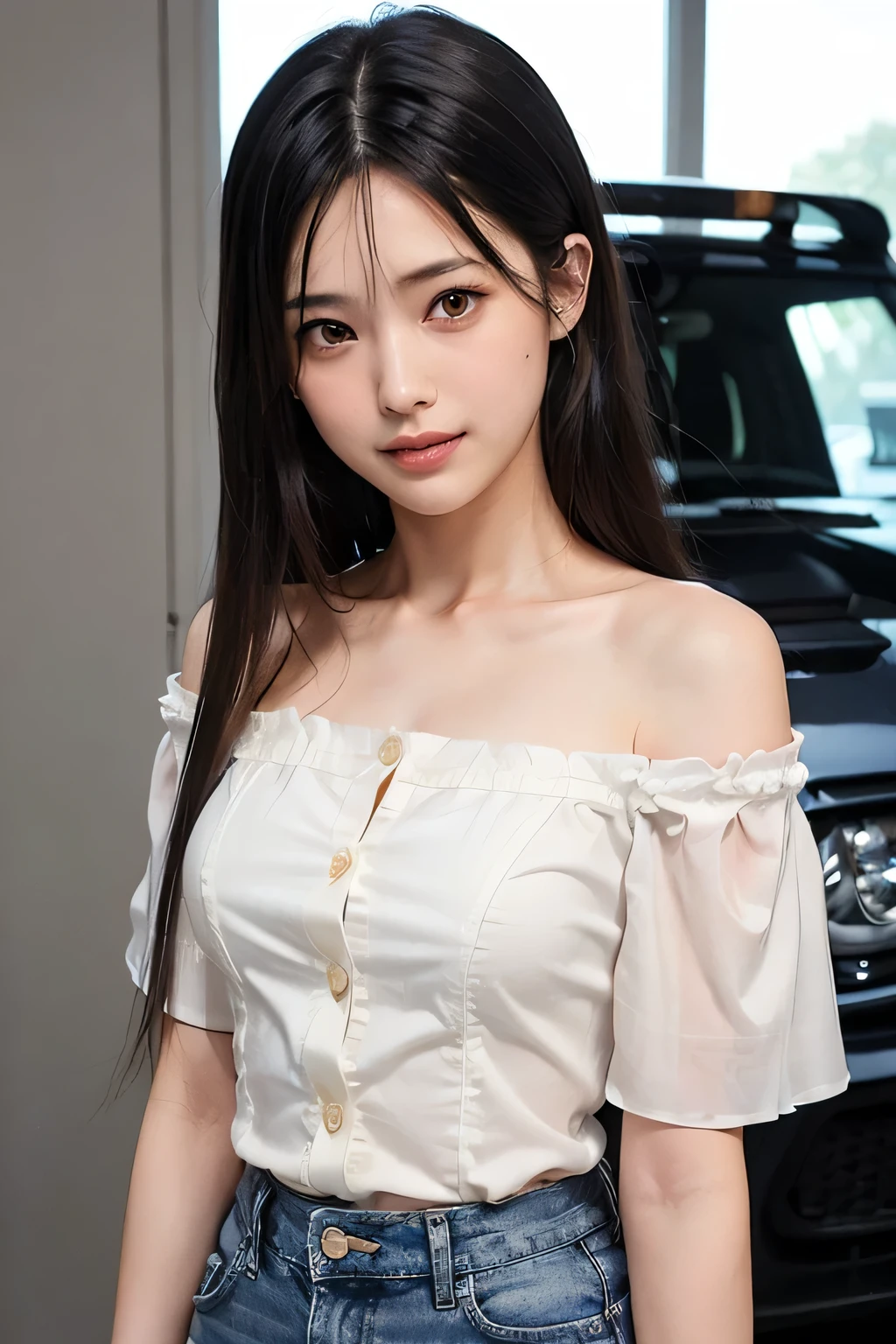 Very detailed CG Unity 8k wallpaper、highest quality、Very detailed、masterpiece、reality、reality、Very detailedなかわいい女の子、18-year-old、(high school girl:1.7)、((Short sleeve shirt:1.5))、((White short sleeve chiffon off-shoulder open front shirt:1.4))、(((White chiffon short sleeve shirt:1.7)))、((Dark Blue Denim Mini Skirt that accentuates thighs:1.4))、((Shooting from the front:1.4))、((Dark Blue Denim Mini Skirt:1.4))、((Standing in a model pose next to a white sports car:1.4))、((smile:1.4))、blush、Cleft lip、Looking at the audience、((Cowboy Shot:1.4))、((straight medium long hair:1.7))、((Black Hair:1.4))、(Beautiful Face:1.3)、(Perfect balance:1.2)、(Long legs:1.2)、(Small breasts:1.3)、((Upper Body))、Angle from below、reality、