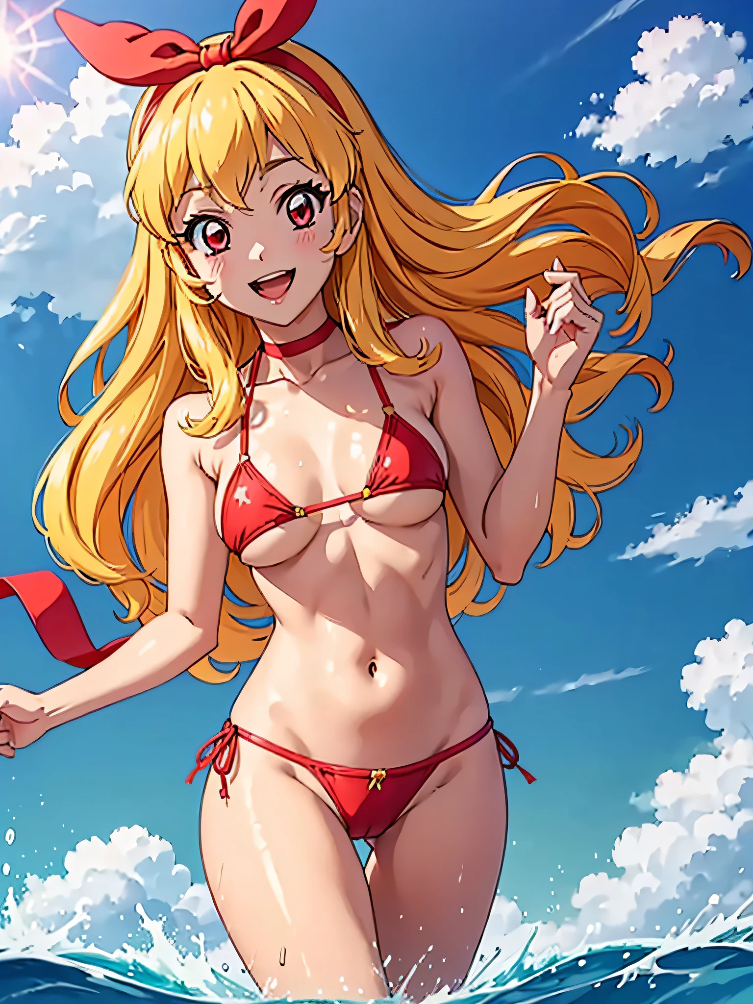 this sexy asian woman is surfing and shows her pussy while in water, 1girl, swimsuit, Micro hot bikini, solo, breasts, navel, wet, Blonde hair, looking at viewer, outdoors, White Micro bikini, smile, open mouth, sky, day, bangs, choker, blush, blue sky, wading, ass visible through thighs, (RED Ribbon on HAIRband:1.2), (pointy_groin,underboob,from below),cameltoe,Ichigo Hoshimiya (Aikatsu!),lol_i,micro bikini