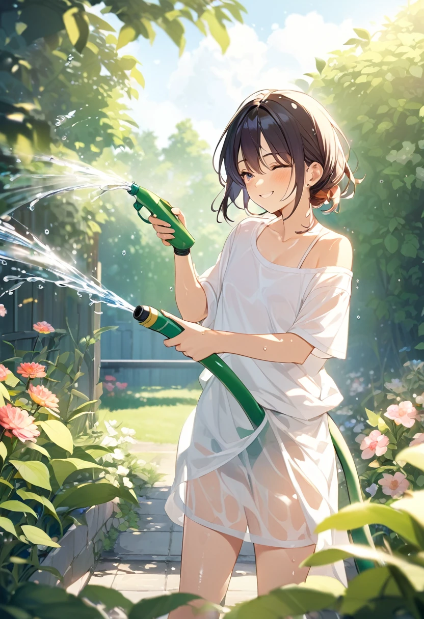 beautiful girl、、Off the shoulder、White T-shirt、Wet、See-through、slouch、Chest、Flat Chest、garden、smile、Spraying water with a hose
