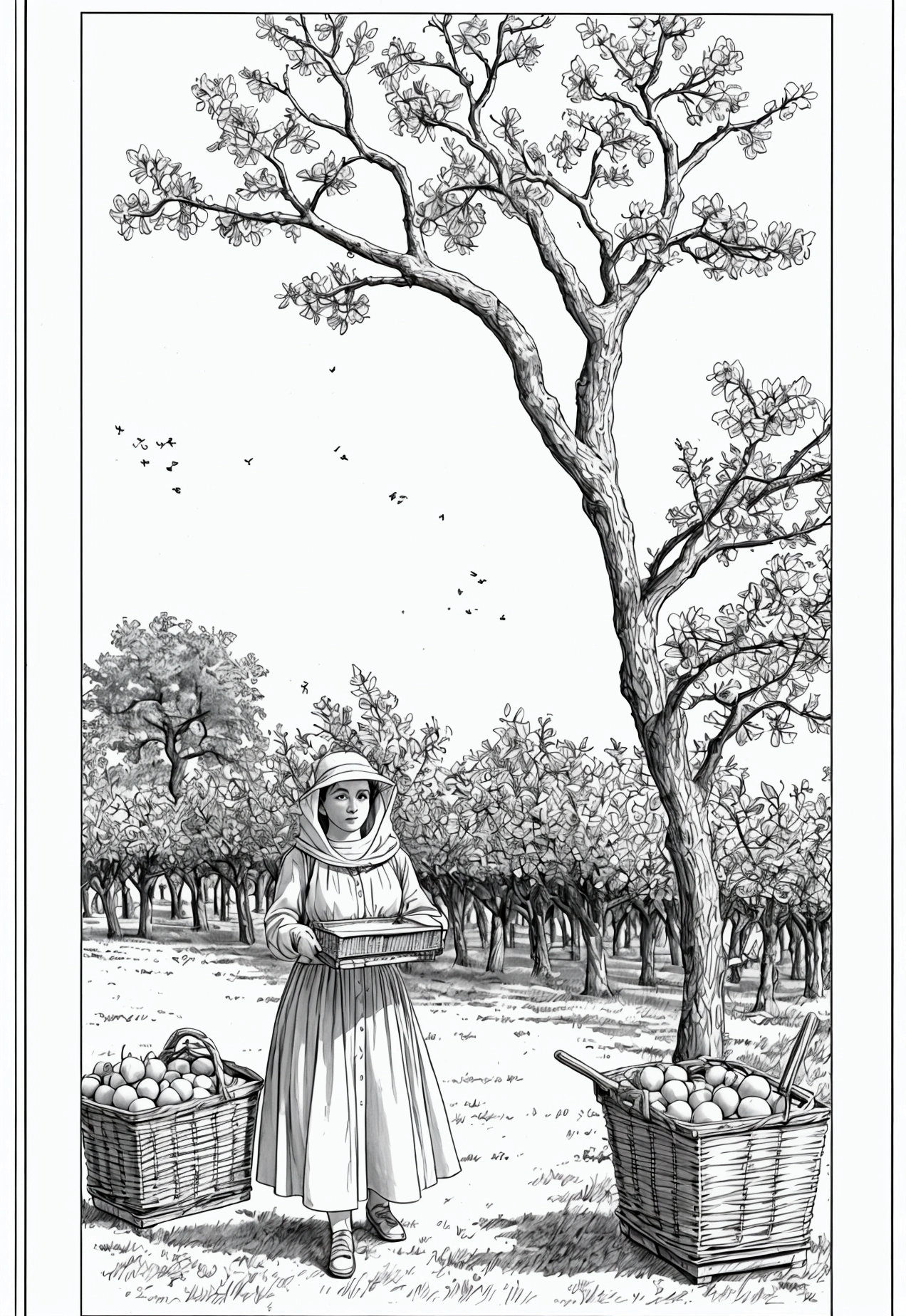Book page coloring art, All-white background, Use only outlines, line art, coloring book, Clean line art, For coloring Simple and clean line art, coloring book page, perfect symmetric details, Orchard in Bloom: Rows of fruit trees in full bloom with blossoms, baskets of fresh fruit like apples and peaches, a ladder leaning against one of the trees, and a beekeeper tending to beehives.