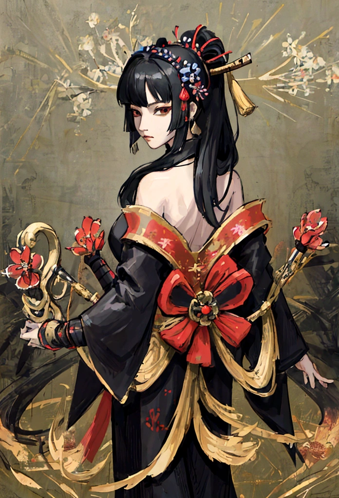 a picture of Japanese female knight, she has long black hair, wearing samurai armor, armed with a katana, ready for battle, ((shot taken from the back)), Japanese fantasy art, (Masterpiece: 1.5), 16k, highres, best quality, high details, ultra detailed, masterpiece, best quality, (extremely detailed), arafed, dnd art, JapaneseKatana