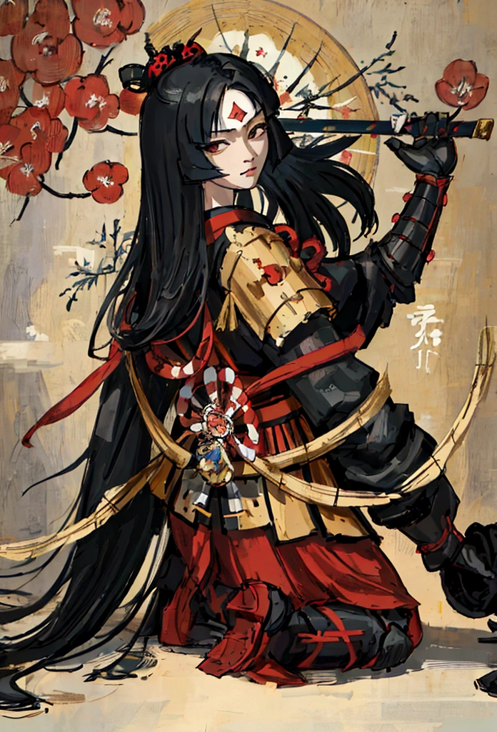 a picture of Japanese female knight, she has long black hair, wearing samurai armor, armed with a katana, ready for battle, ((shot taken from the back)), Japanese fantasy art, (Masterpiece: 1.5), 16k, highres, best quality, high details, ultra detailed, masterpiece, best quality, (extremely detailed), arafed, dnd art, JapaneseKatana