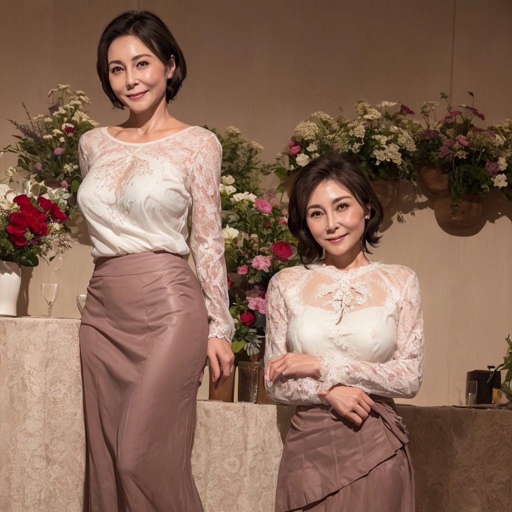 (high quality)、(high resolution)、Beautiful 45 year old mature woman、(Only one person in the photo)、Wrinkles around the eyes、Wrinkles around the mouth、Looking at me with a smile、whole body、Big Breasts、Narrow waist、Thin and beautiful legs、Lace shirt、(See-through tight skirt:1.2)、(Erect nipples)、living、(Don't separate images)