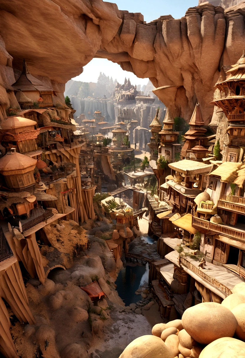 hay muchas cavidades invertidas (diferentes habitaciones, unidas por salientes de mandelbulb que forman pasadizos) in the middle of an underground canyon that makes up a mandelbulb mud village at different heights with many balconies and stalactites and stalactites, fantasy architecture, Arte digital 4k muy detallado, beautiful detailed fantasy, stunning fantasy landscape, detailed fantasy digital art, arstation y pitido altamente, fantasy style octane 8k rendering, stuning fantasy 3d rendering, 4k detail fantasy, fantasy 3d rendering, pitido de renderizado 3D, deep masive desert landscape, stalacmite cave laberinto very confuse type geonosis bubbes