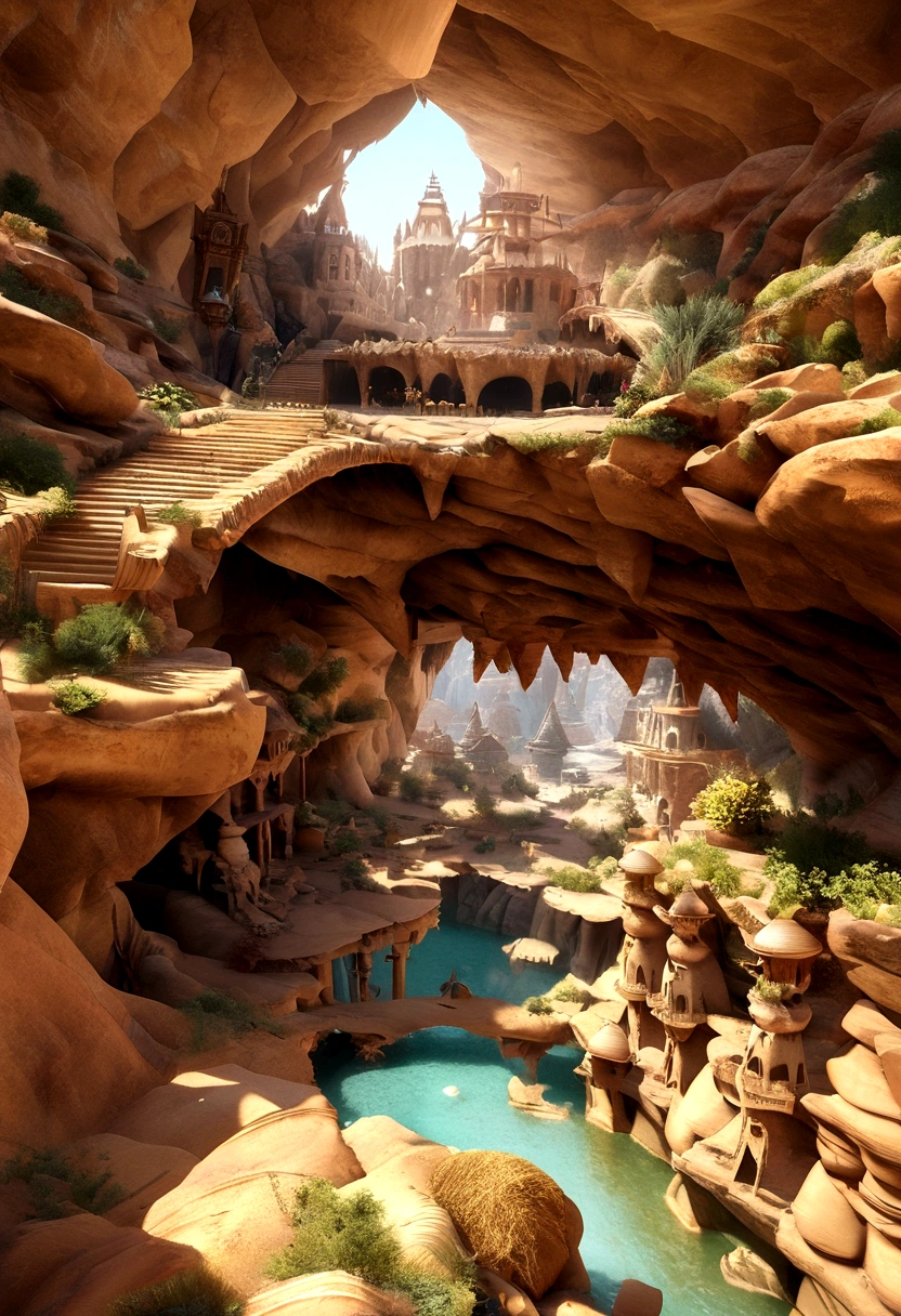 hay muchas cavidades invertidas (diferentes habitaciones, unidas por salientes de mandelbulb que forman pasadizos) in the middle of an underground canyon that makes up a mandelbulb mud village at different heights with many balconies and stalactites and stalactites, fantasy architecture, Arte digital 4k muy detallado, beautiful detailed fantasy, stunning fantasy landscape, detailed fantasy digital art, arstation y pitido altamente, fantasy style octane 8k rendering, stuning fantasy 3d rendering, 4k detail fantasy, fantasy 3d rendering, pitido de renderizado 3D, deep masive desert landscape, stalacmite cave laberinto very confuse type geonosis bubbes