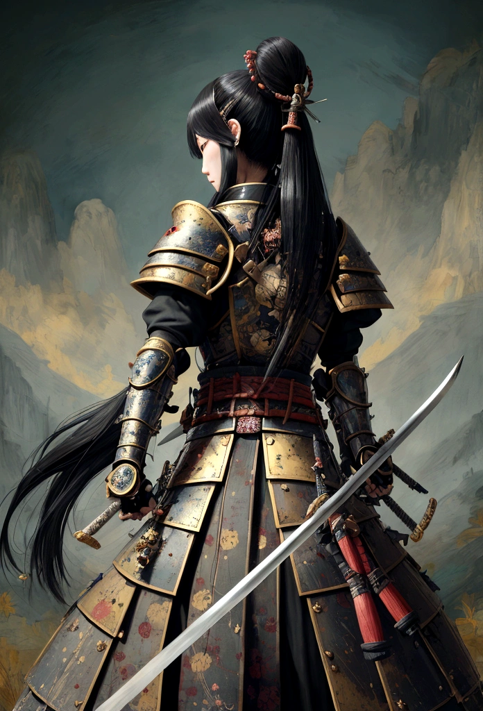 a picture of Japanese female knight, she has long black hair, wearing samurai armor, armed with a katana, ready for battle, ((shot taken from the back)), Japanese fantasy art, (Masterpiece: 1.5), 16k, highres, best quality, high details, ultra detailed, masterpiece, best quality, (extremely detailed), arafed, dnd art, JapaneseKatana