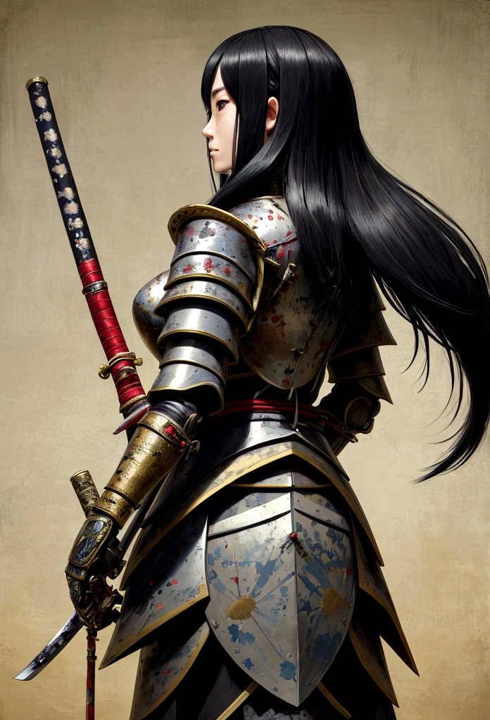 a picture of Japanese female knight, she has long black hair, wearing samurai armor, armed with a katana, ready for battle, ((shot taken from the back)), Japanese fantasy art, (Masterpiece: 1.5), 16k, highres, best quality, high details, ultra detailed, masterpiece, best quality, (extremely detailed), arafed, dnd art, JapaneseKatana