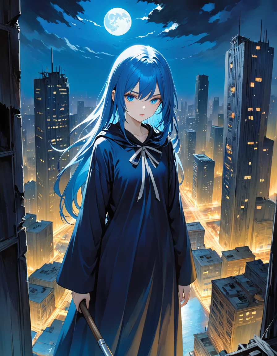 Masterpeace (midnight:1.3) Lost World Her view from behind Looking down at the deserted city from a ruined skyscraper, she realizes the crime she committed. Girl(long blue hair, age18, blue eyes, panic ) (Grim Reaper Costume, ) Beautiful and fantastic image blue hair, blue hair, long hair (art inspired by Bill Sienkiewicz) oil painting, details of brush strokes that enhance depth)