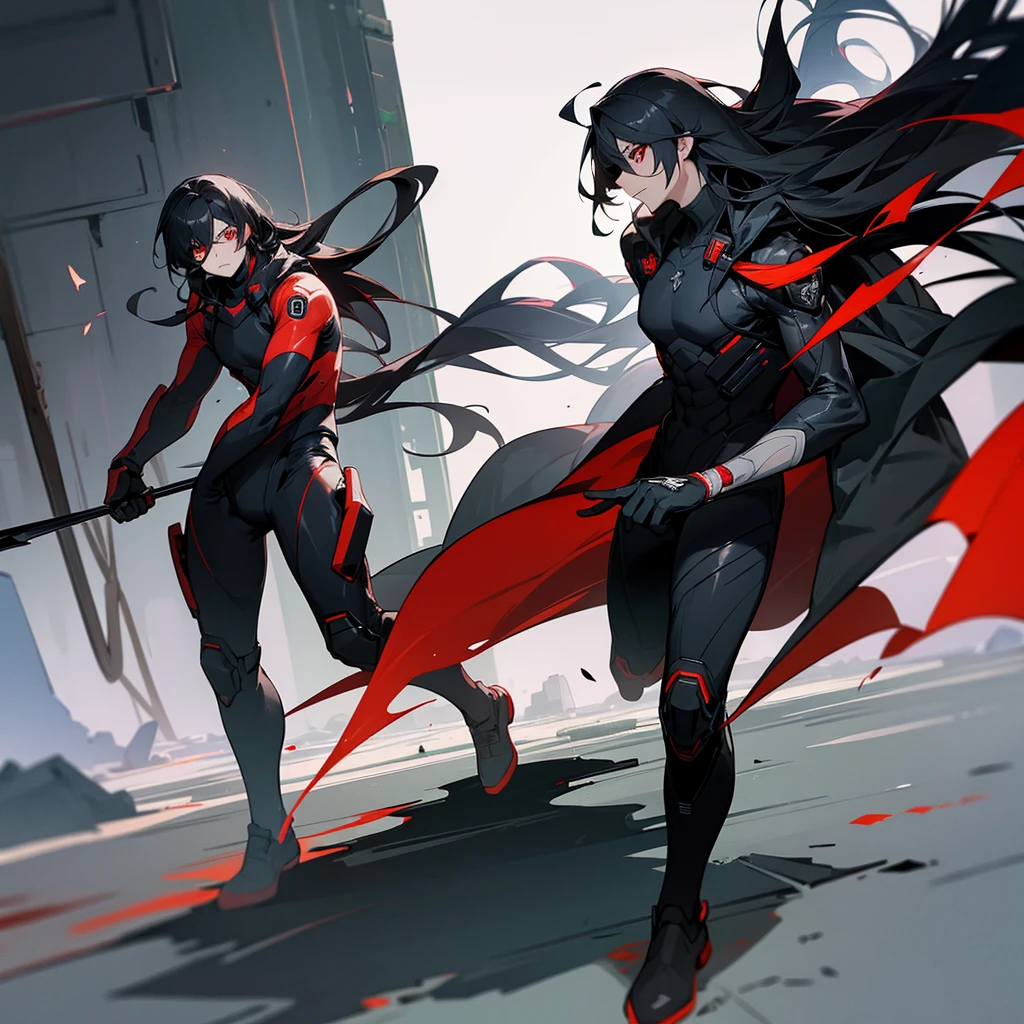 1male, young adult, finely detailed red eyes, wild long hair, black hair, eye patch, full body combat suits, standing on ruined building, night time, serious expression