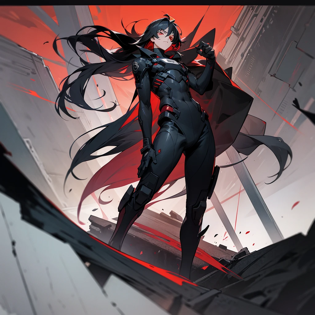1male, young adult, finely detailed red eyes, wild long hair, black hair, eye patch, full body combat suits, standing on ruined building, night time, serious expression